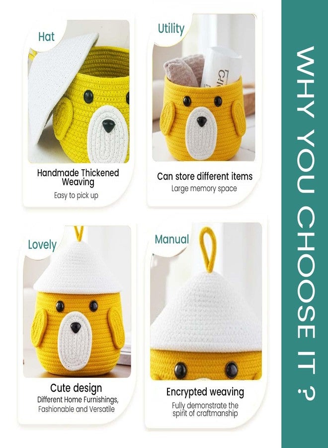 BIANCO Cute Animal Face Rope Storage Basket with Lid for Kids | Premium Yellow Cotton Rope Nursery Organizer for Toys, Baby Essentials, Bathroom & Home Décor | Soft & Durable Handcrafted Basket - Image 3