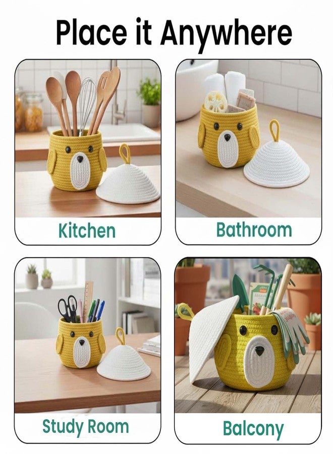 BIANCO Cute Animal Face Rope Storage Basket with Lid for Kids | Premium Yellow Cotton Rope Nursery Organizer for Toys, Baby Essentials, Bathroom & Home Décor | Soft & Durable Handcrafted Basket - Image 4
