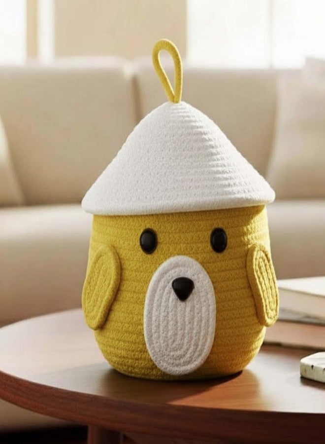BIANCO Cute Animal Face Rope Storage Basket with Lid for Kids | Premium Yellow Cotton Rope Nursery Organizer for Toys, Baby Essentials, Bathroom & Home Décor | Soft & Durable Handcrafted Basket - Image 1