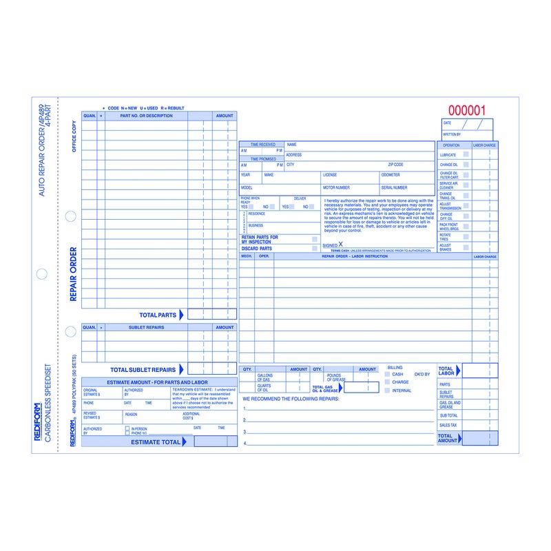 Rediform Speediset FourPart Auto Repair Form FourPart Carbonless 11 x 85 50 Forms Total