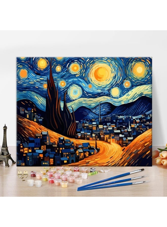 Home Trove Tumovo Paint By Starry Night Number Sky And Full Moon Over The Town Paint By Numbers For Adults  - Image 1