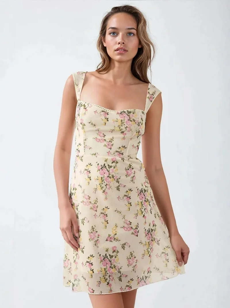 زوبعة فستان تول مطبوع صغير بياقة على شكل قلب