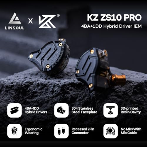 Linsoul KZ ZS10 Pro, 4BA+1DD 5 Driver in Ear Monitor, HiFi Wired Earbuds, Gaming Earbuds, Hybrid IEM Earphones with Stainless Steel Faceplate, Detachable Cable for Musician(with Mic, Dark Black) - Image 2