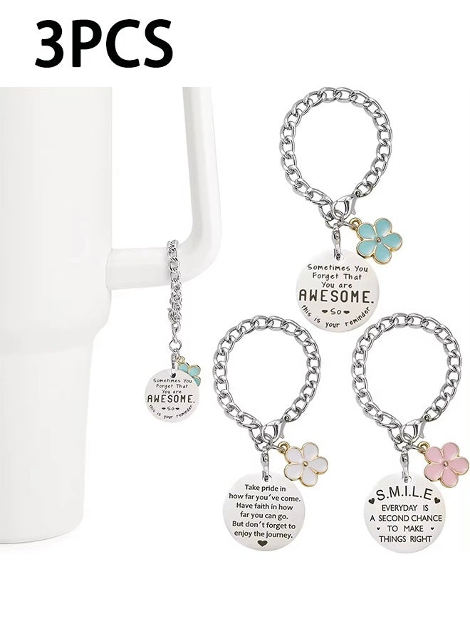 3 قطع سحر سلسلة الزهور لإكسسوارات الزجاجة لكأس ستانلي ، ملصق نصي ملهم مع سحر زهرة وردي ، أزرق ، أبيض ، هدية مخصصة للفتاة ، العائلة ، الأصدقاء - Image 1