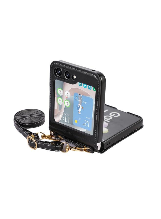 اس-توب جراب هاتف Samsung Galaxy Z Flip5 مزود بفتحة للبطاقات وحقيبة كروس بودي قابلة للطي من الجلد - Image 5