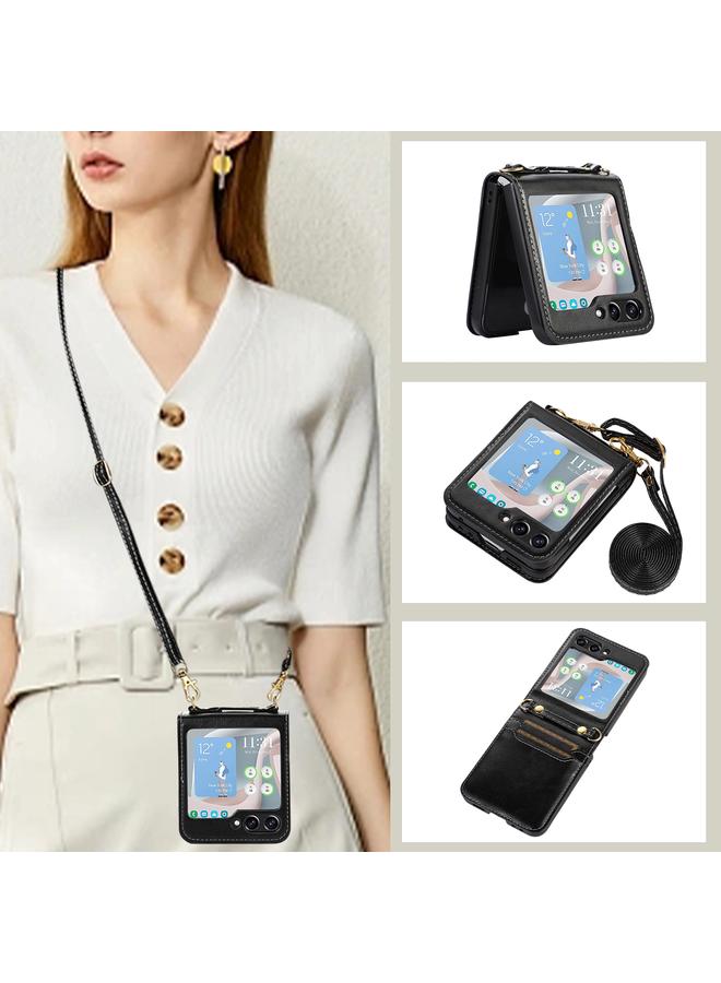 اس-توب جراب هاتف Samsung Galaxy Z Flip5 مزود بفتحة للبطاقات وحقيبة كروس بودي قابلة للطي من الجلد - Image 1