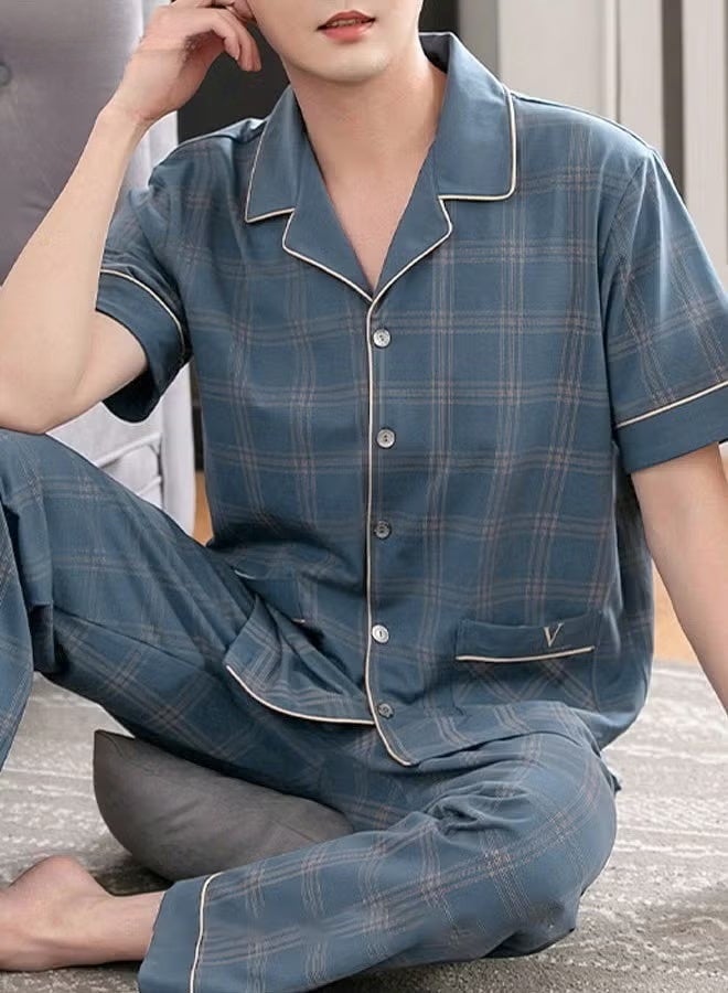 2-Piece Pajama Set, Men's Pure Cotton Short-Sleeved T-Shirt Long Pants Sets, Fashion Grid Pattern Sleepwear, Nightgown Male Loose Spring Summer Thin Casual Loungewear Home Clothes, Blue - Image 2