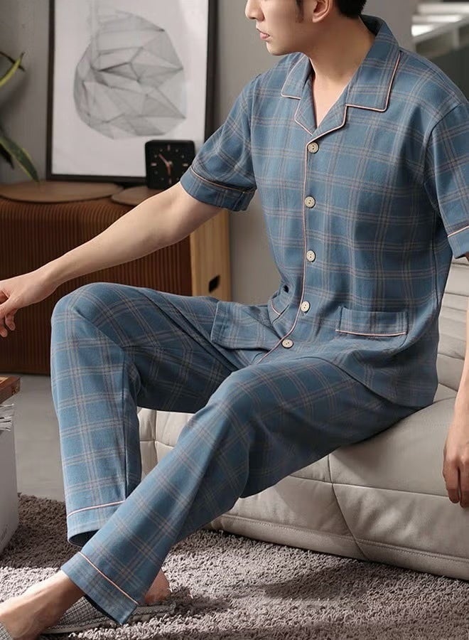 2-Piece Pajama Set, Men's Pure Cotton Short-Sleeved T-Shirt Long Pants Sets, Fashion Grid Pattern Sleepwear, Nightgown Male Loose Spring Summer Thin Casual Loungewear Home Clothes, Blue - Image 1