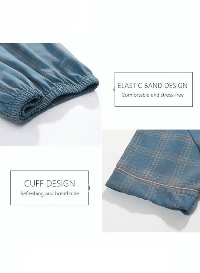 2-Piece Pajama Set, Men's Pure Cotton Short-Sleeved T-Shirt Long Pants Sets, Fashion Grid Pattern Sleepwear, Nightgown Male Loose Spring Summer Thin Casual Loungewear Home Clothes, Blue - Image 3