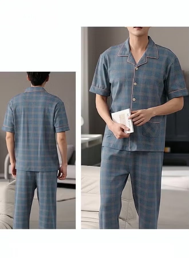 2-Piece Pajama Set, Men's Pure Cotton Short-Sleeved T-Shirt Long Pants Sets, Fashion Grid Pattern Sleepwear, Nightgown Male Loose Spring Summer Thin Casual Loungewear Home Clothes, Blue - Image 4