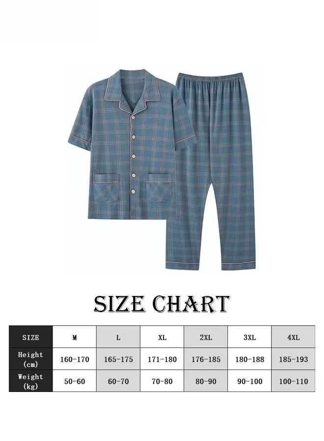 2-Piece Pajama Set, Men's Pure Cotton Short-Sleeved T-Shirt Long Pants Sets, Fashion Grid Pattern Sleepwear, Nightgown Male Loose Spring Summer Thin Casual Loungewear Home Clothes, Blue - Image 5