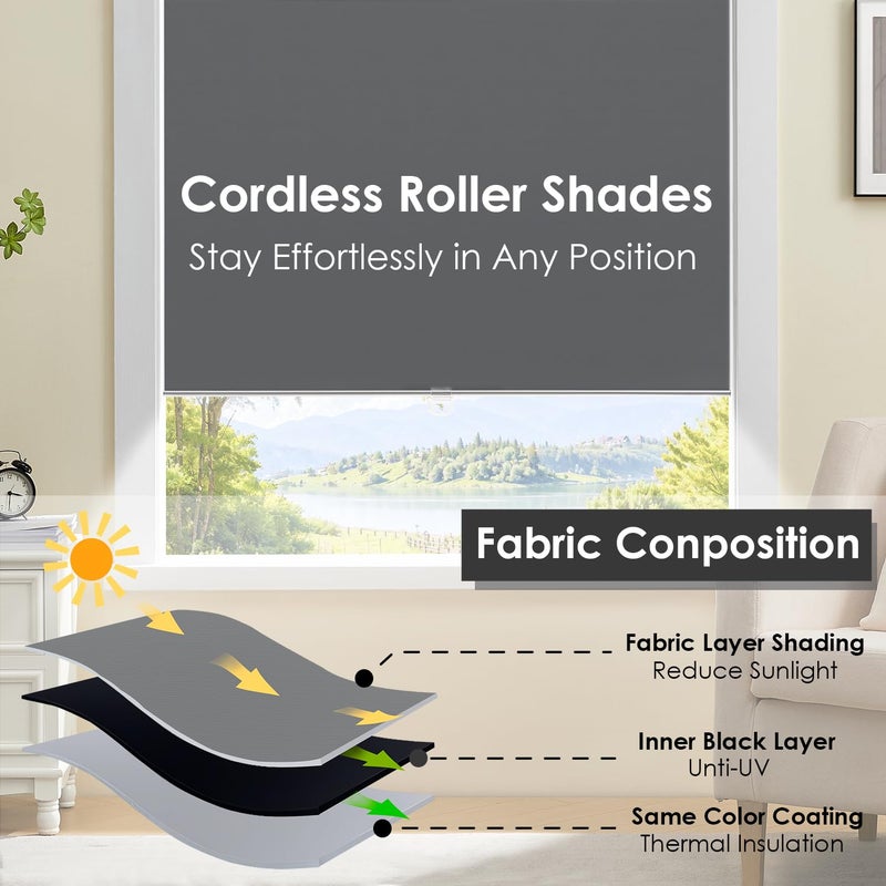 TOVALOR Cordless 100% Blackout Roller Shades for Windows,UV Protection Pull Down Shades,Room Darkening Door Blinds Thermal Insulated Fabric for Home Office and Bedroom(14" W x 72" H,Grey) - Image 2