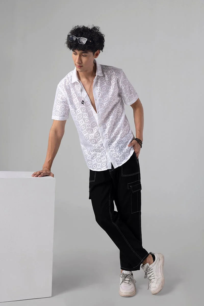 SNITCH White Geometric Half Sleeve Regular Fit Shirt