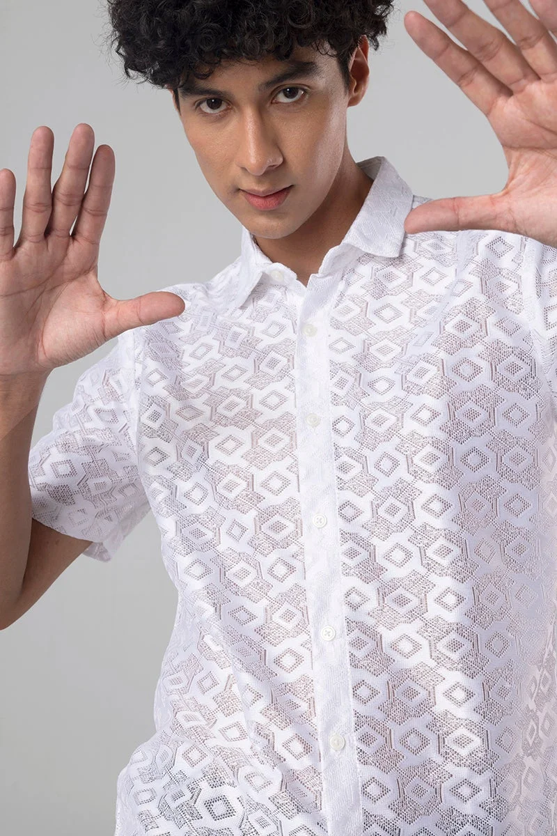 SNITCH White Geometric Half Sleeve Regular Fit Shirt