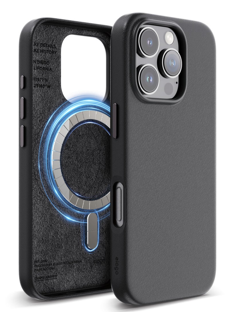 Elago Magnetic Leather Case for iPhone 16 PRO Compatible with MagSafe, Vegan Leather, Shockproof, Water-Resistant - Black