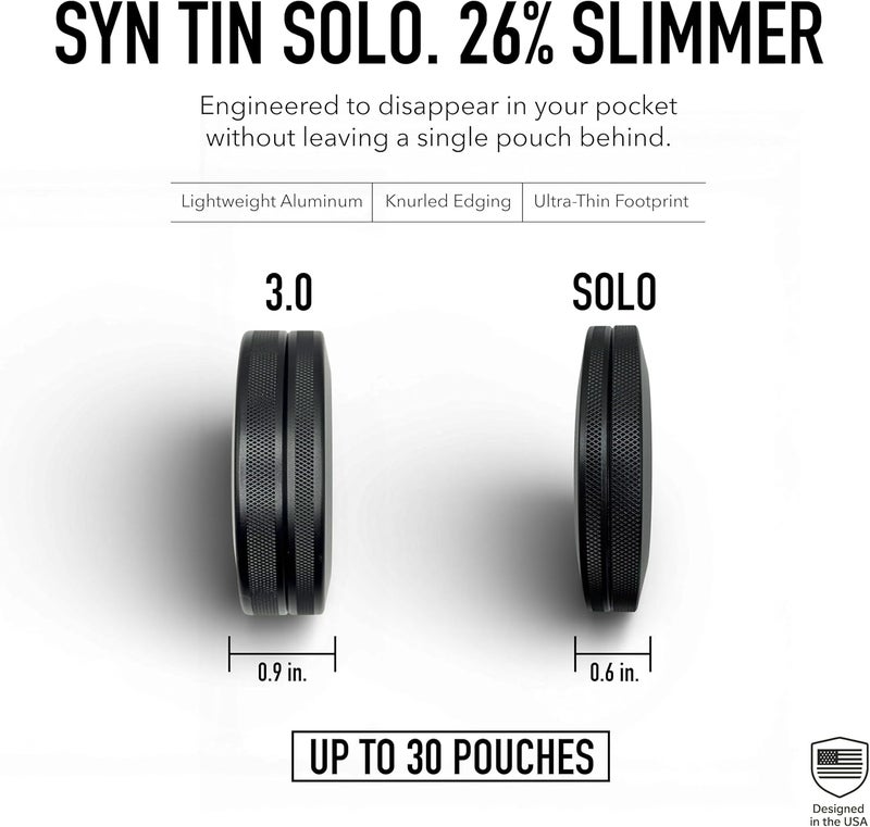 Syn Tin Solo | Slim Metal Container for Zyn, Premium Aluminum Can & Rugged Pouch Holder | Extra Capacity, Knurled Grip, & Slim Container | EDC (Black) - Image 3