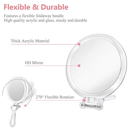 Cheftick Double Sided Hand Held Mirror - 1X & 7X Magnifying Handheld Makeup Mirror with Adjustable Folding Handle, Portable, Transparent & Round (6") - Image 4