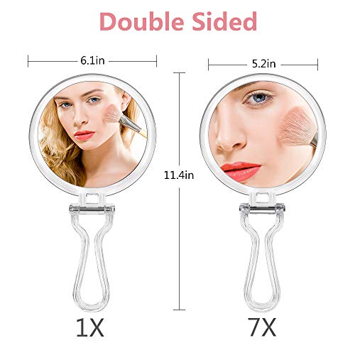 Cheftick Double Sided Hand Held Mirror - 1X & 7X Magnifying Handheld Makeup Mirror with Adjustable Folding Handle, Portable, Transparent & Round (6") - Image 3