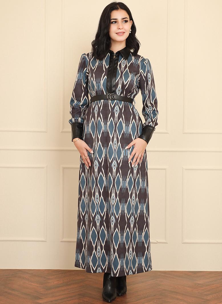 فرايديين انيق كلاسيك طوق متقلب هندسي تباين اللون الربط جيب حزام سحاب البنطلون كم منتظم فساتين طويلة ازرق - Image 1