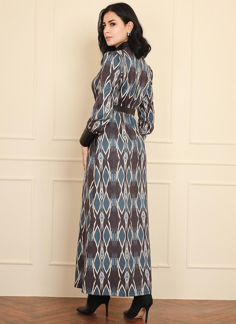 فرايديين انيق كلاسيك طوق متقلب هندسي تباين اللون الربط جيب حزام سحاب البنطلون كم منتظم فساتين طويلة ازرق - Image 2