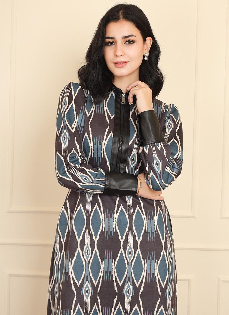 فرايديين انيق كلاسيك طوق متقلب هندسي تباين اللون الربط جيب حزام سحاب البنطلون كم منتظم فساتين طويلة ازرق - Image 5