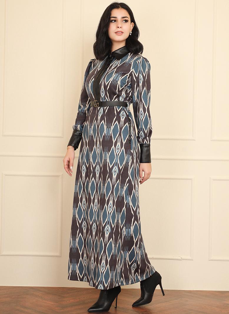 فرايديين انيق كلاسيك طوق متقلب هندسي تباين اللون الربط جيب حزام سحاب البنطلون كم منتظم فساتين طويلة ازرق - Image 4