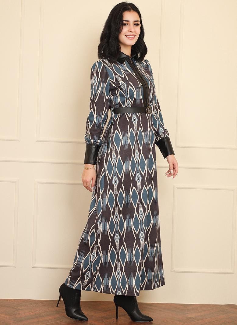 فرايديين انيق كلاسيك طوق متقلب هندسي تباين اللون الربط جيب حزام سحاب البنطلون كم منتظم فساتين طويلة ازرق - Image 3