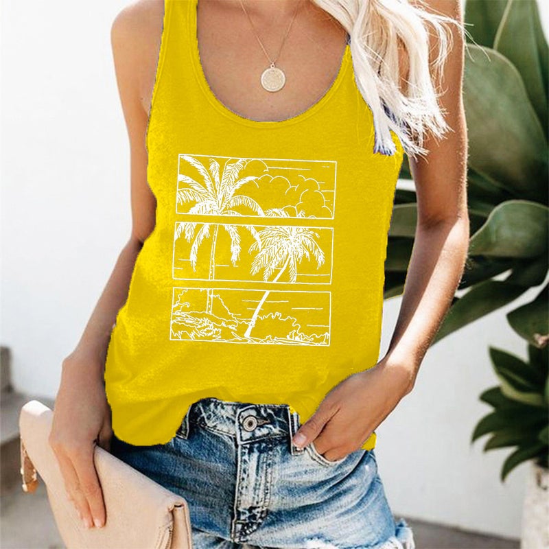 Vacation Casual Vest Womens European and American Spot Loose Large Size Coconut Tree Printed Top Foreign Trade Hurdle Vest Wholesale Yellow - Image 1