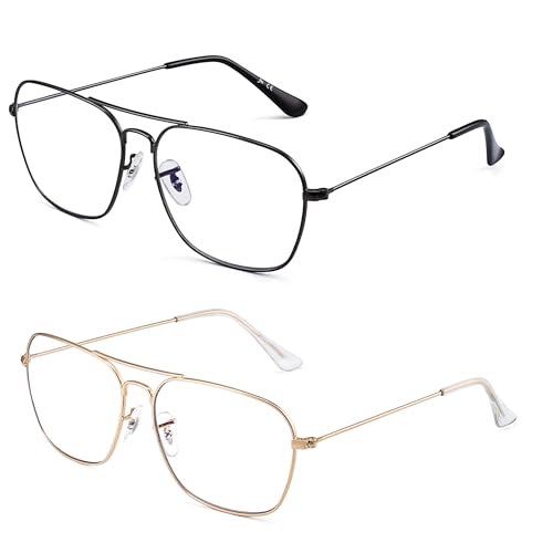 JM 2-Pack Aviator Blue Light Blocking Computer Glasses, Square Eye Protect Video Eyeglasses Anti Glare Men Women (Gold Frame & Gunmetal Frame) - Image 1