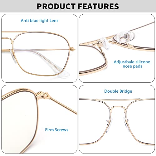 JM 2-Pack Aviator Blue Light Blocking Computer Glasses, Square Eye Protect Video Eyeglasses Anti Glare Men Women (Gold Frame & Gunmetal Frame) - Image 5