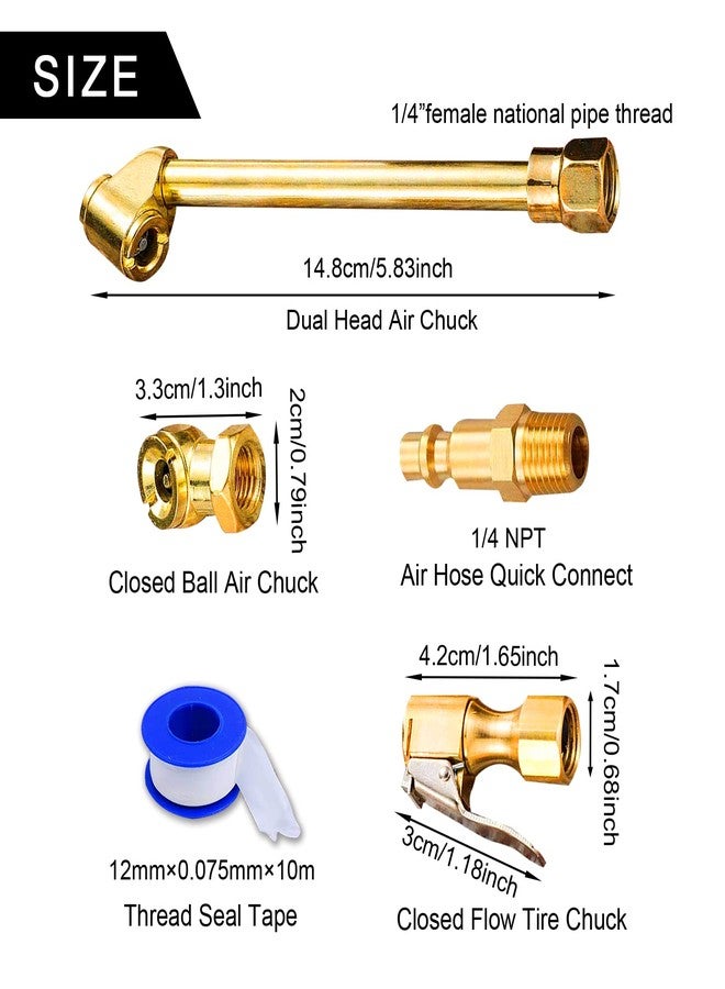 Kabcifea 10 Pieces Air Chuck Set,Heavy Duty Brass Dual Head Air Chuck,1/4 Inch Dual NPT Closed Ball Air Chuck,Closed Flow Tire Chuck,Air Hose Quick Connect Adapter with 1 PCS Thread Seal Tape - Image 2