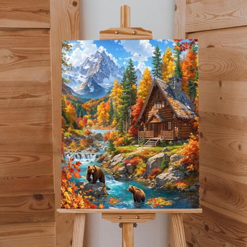 Lovepefe Mountain Paint By Numbers Kit For Adults Cabin Adult Paint By Number Kits On Canvas Bear Village Oil Painting Kit For Beginners Adults' Paint-By-Number Kits For Gift Home Wall Decor 16x20 Inch - Image 3