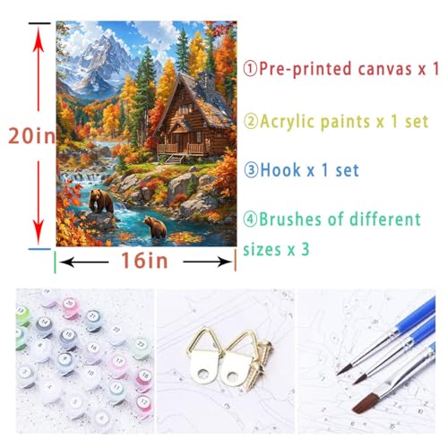 Lovepefe Mountain Paint By Numbers Kit For Adults Cabin Adult Paint By Number Kits On Canvas Bear Village Oil Painting Kit For Beginners Adults' Paint-By-Number Kits For Gift Home Wall Decor 16x20 Inch - Image 5
