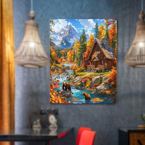 Lovepefe Mountain Paint By Numbers Kit For Adults Cabin Adult Paint By Number Kits On Canvas Bear Village Oil Painting Kit For Beginners Adults' Paint-By-Number Kits For Gift Home Wall Decor 16x20 Inch - Image 4