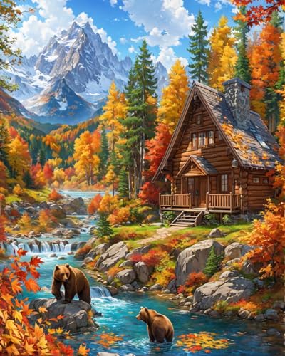 Lovepefe Mountain Paint By Numbers Kit For Adults Cabin Adult Paint By Number Kits On Canvas Bear Village Oil Painting Kit For Beginners Adults' Paint-By-Number Kits For Gift Home Wall Decor 16x20 Inch - Image 1