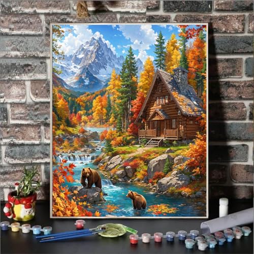 Lovepefe Mountain Paint By Numbers Kit For Adults Cabin Adult Paint By Number Kits On Canvas Bear Village Oil Painting Kit For Beginners Adults' Paint-By-Number Kits For Gift Home Wall Decor 16x20 Inch - Image 2