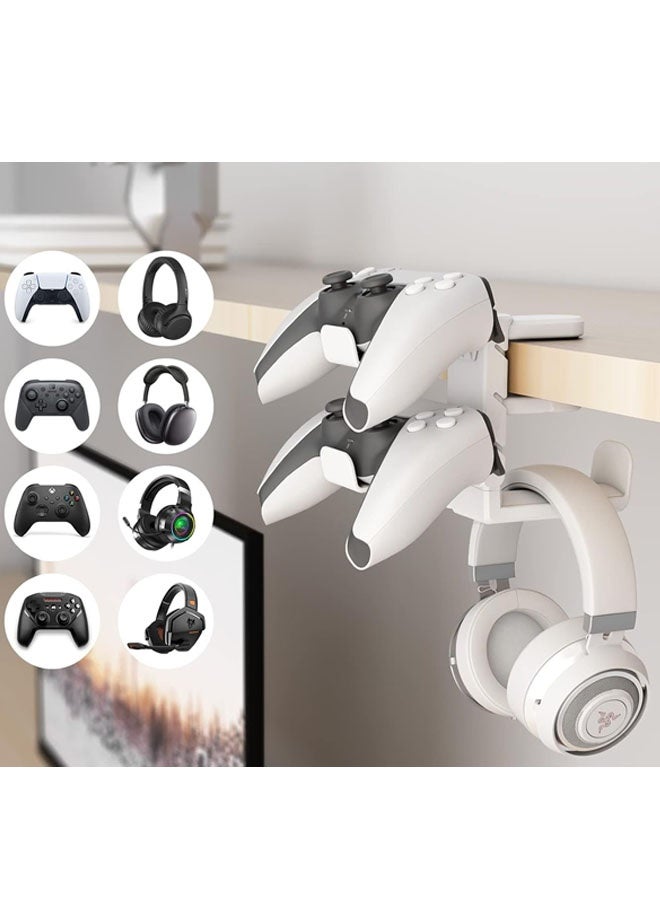 3-in-1 PC Gaming Headset&Controller Holder - Headphone Stand w/Adjustable Clamp&2 Controller Holder&Rotating Arm&Cable Organizer, Universal PC Gaming Accessory Controller Headset Stand-White - Image 3