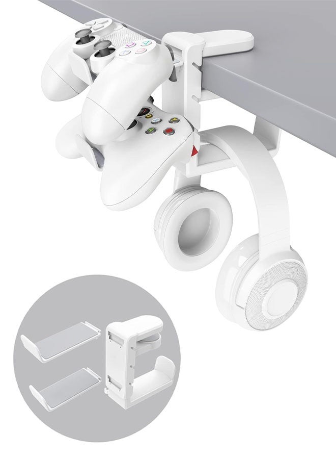 3-in-1 PC Gaming Headset&Controller Holder - Headphone Stand w/Adjustable Clamp&2 Controller Holder&Rotating Arm&Cable Organizer, Universal PC Gaming Accessory Controller Headset Stand-White - Image 1