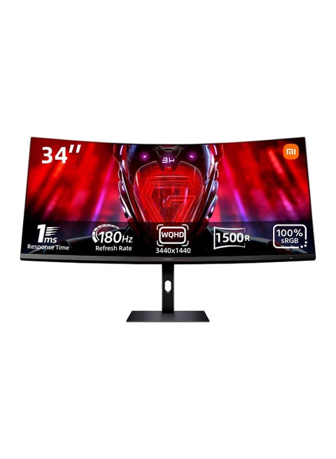 34 inch MI Curved Gaming Monitor G34WQi  1ms Fast Response 21:9 180Hz High Refresh Rate 1500R Curvature WQHD 3440x1440 Resolution sRGB Wide Colour Gamut Free-Sync C34WQBA-RGGL Global Version Black