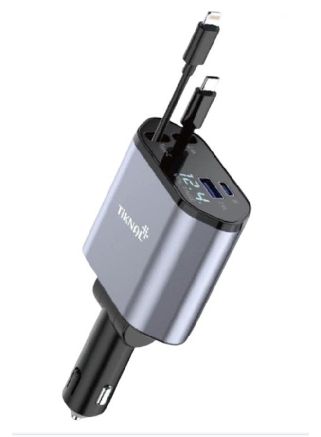 Tiknal 120W Car Charger with Fast Charging Multiple Ports Type C and Lightning and Digital Display - Image 1