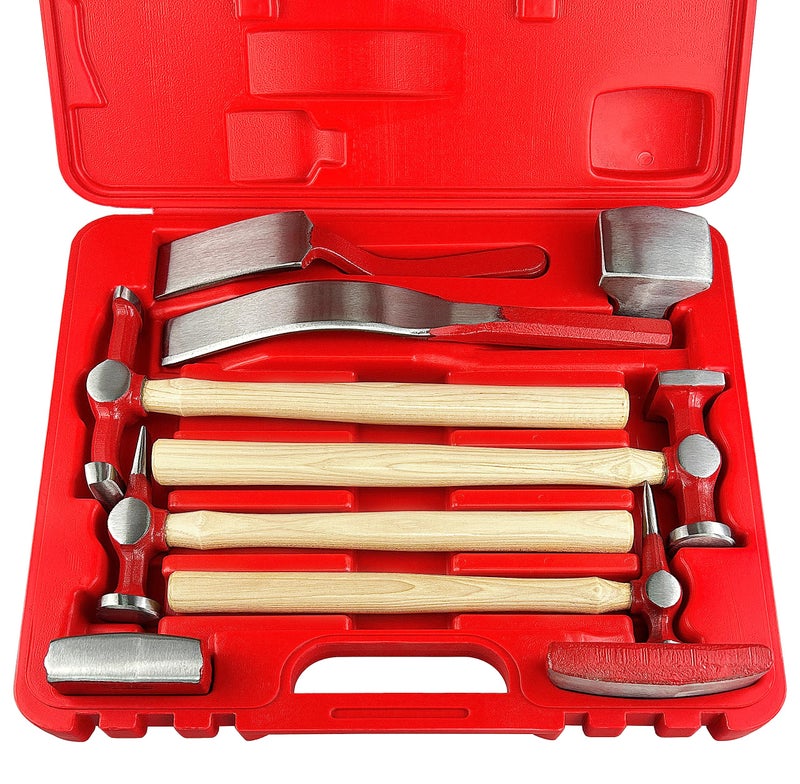 CT 9 Piece Heavy Auto Body Repair Tool Hammer Dolly Set Car Body Repair Tool Kit with Carrying Case Hickory HandlesFender Repair kit