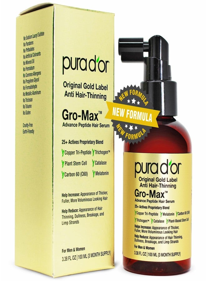 PURA D'OR 3.38 Oz Gro-Max Advanced Peptide Hair Serum (NEW FORMULA) Plant Stem Cell, Catalase, Copper Tri-Peptide, C60, Biotin, Melatonin, Trichogen, Caffeine, Rosemary - Stronger, Thicker Hair - Image 1