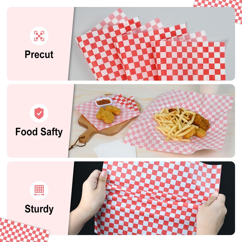 EcoDispose 12 x 12 Inches Grease Proof Deli Paper Precut Sheets for Deli Food, BBQ, Picnic, Party (100 Pcs, Red&White Checker) - Image 3