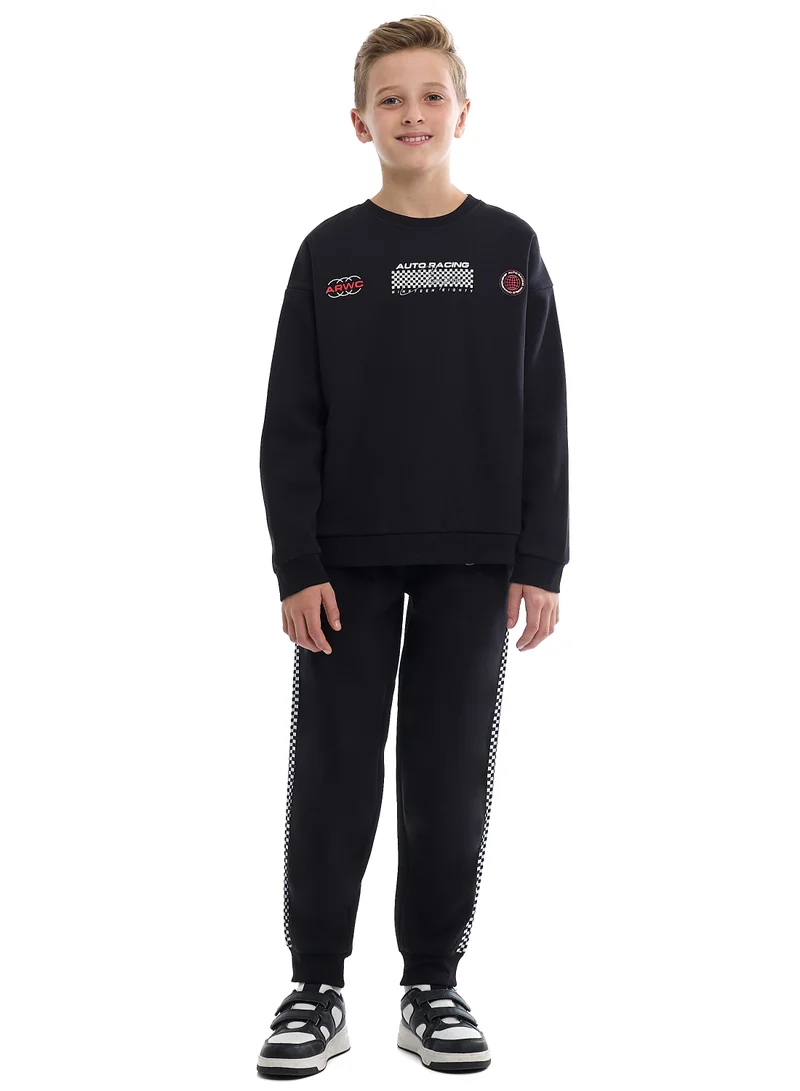 victor and jane Kids Black Pullover Hoodie &amp; Joggers Set with “World Explorer” Logo