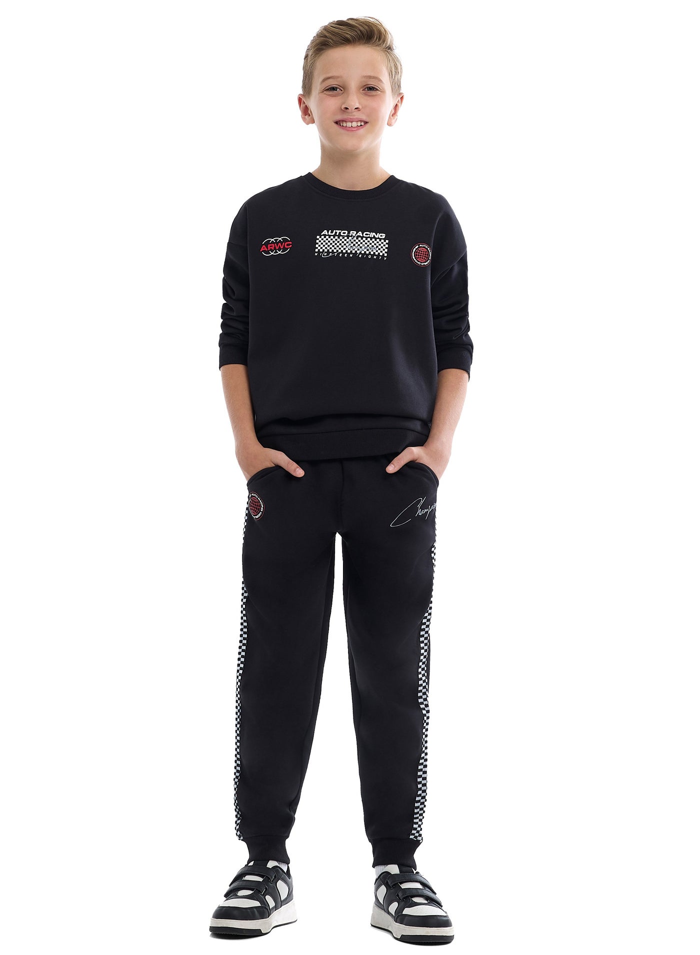 victor and jane Kids Black Pullover Hoodie & Joggers Set with “World Explorer” Logo