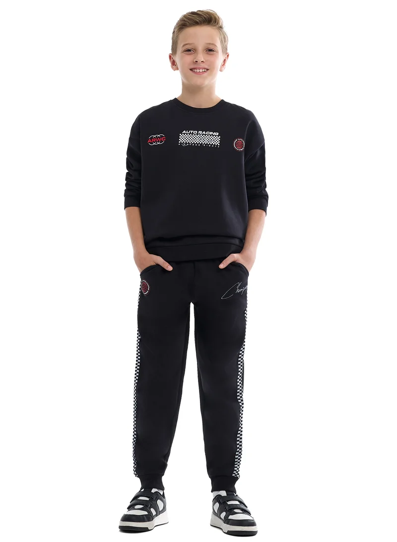 victor and jane Kids Black Pullover Hoodie &amp; Joggers Set with “World Explorer” Logo
