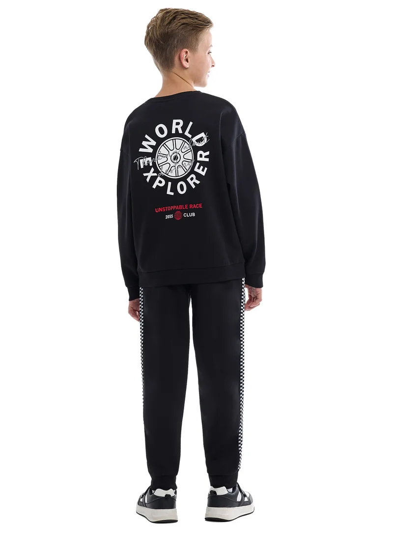 victor and jane Kids Black Pullover Hoodie &amp; Joggers Set with “World Explorer” Logo
