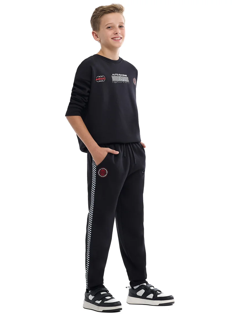 victor and jane Kids Black Pullover Hoodie &amp; Joggers Set with “World Explorer” Logo