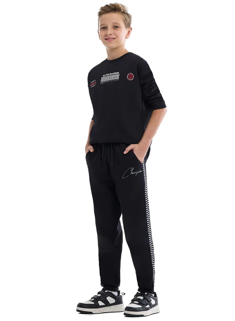 victor and jane Kids Black Pullover Hoodie &amp; Joggers Set with “World Explorer” Logo