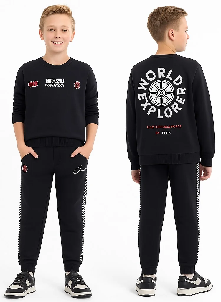 victor and jane Kids Black Pullover Hoodie &amp; Joggers Set with “World Explorer” Logo
